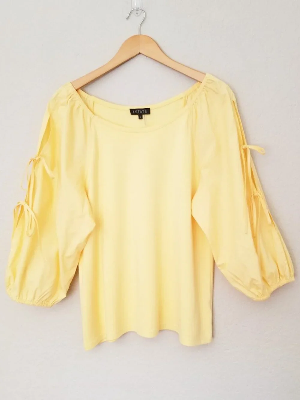 1. State Women' L Butter Yellow 3/4 Balloon Sleeve Tie Bow Blouse Top Coquette - Picture 2 of 14